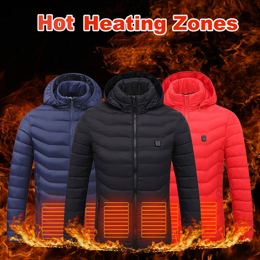 Men Heated Puffer Jacket - Electric Heating - Insulated Hood Windbreaker 9Heat Zones